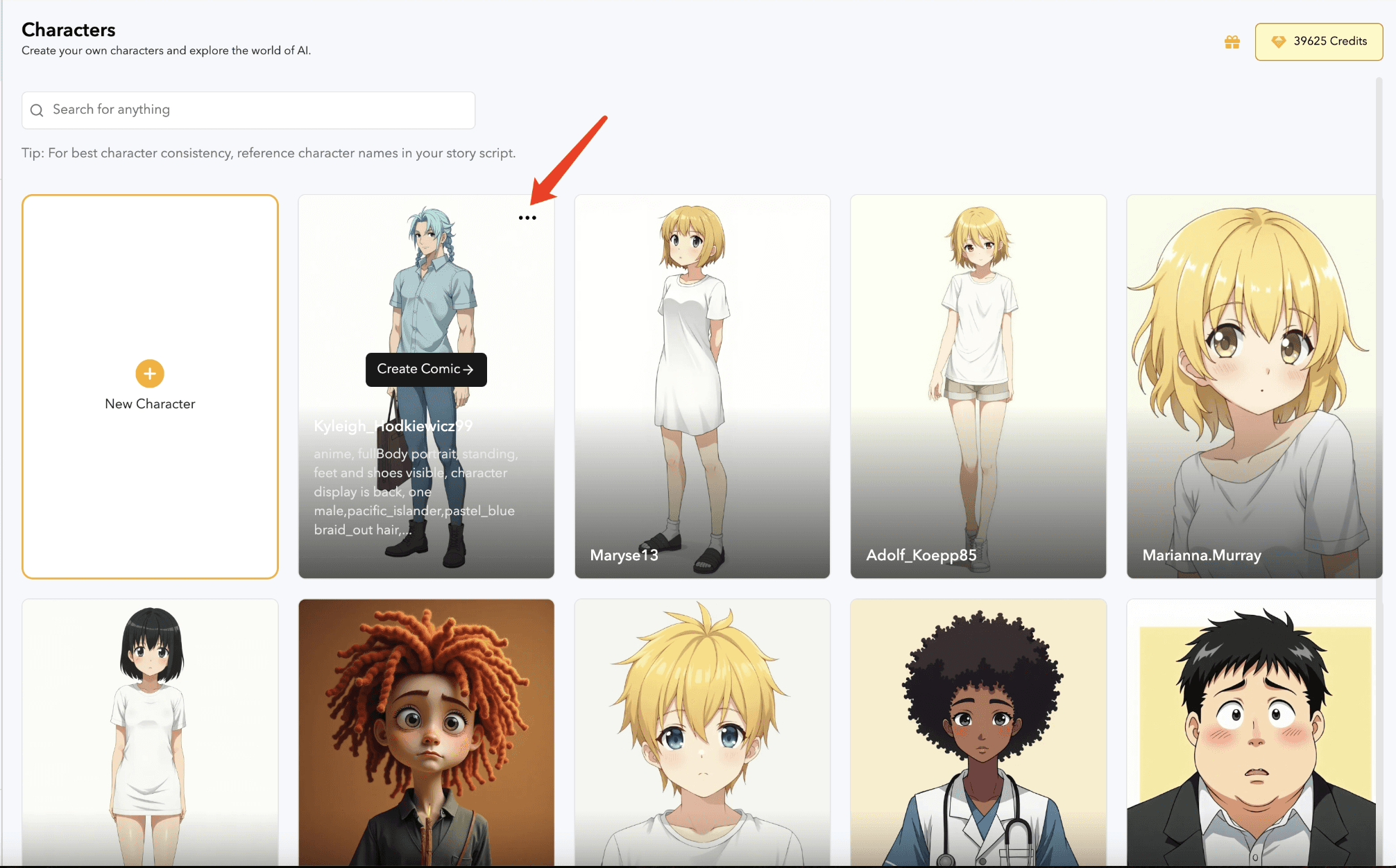 Characters list page showing character cards