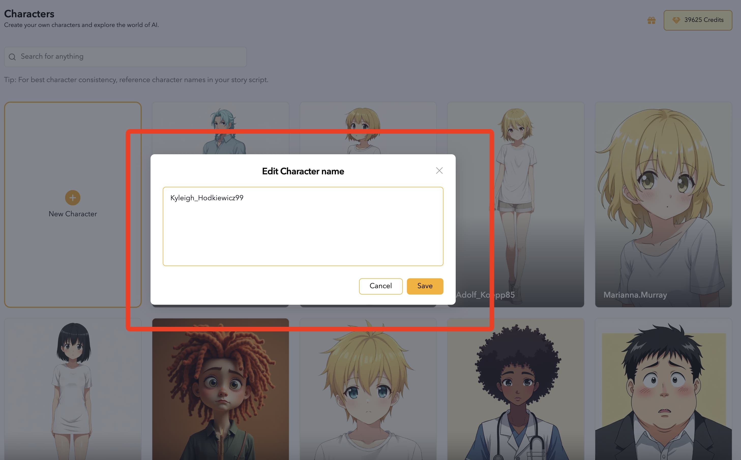 Renaming a character through the hover menu